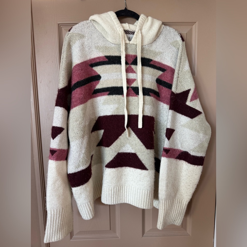 Lou & Grey Cream Knit Hooded Pullover with Maroon & Dusty Rose Accents